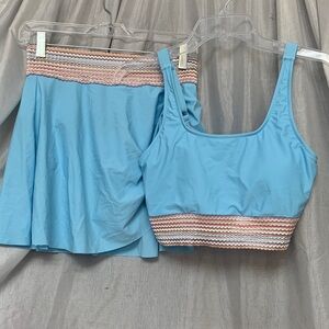 Blue Women's Tankini Set with Textured Stripe Trim